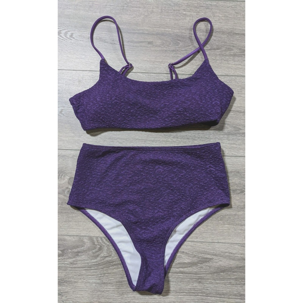 ROMWE Bikini Set Womens Medium Purple Textured 2 Piece High Waist Swimsuit